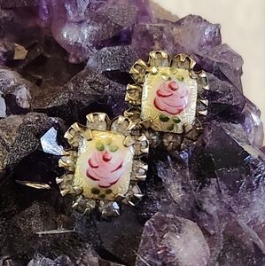 Vintage Floral Painted Porcelain Crystal Sceewback Post Earrings